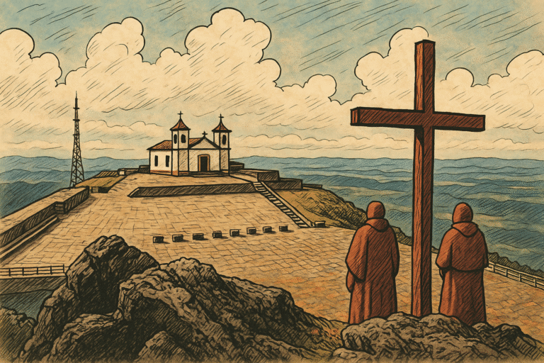 Vista da Basílica de Nossa Senhora da Piedade em Caeté, Minas Gerais, com cruz em destaque e montanhas ao fundo.