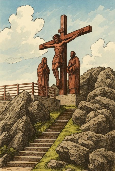 Ilustração do Calvário na Serra da Piedade com esculturas de Jesus crucificado, Maria e João, cercados por pedras e escadaria de acesso.