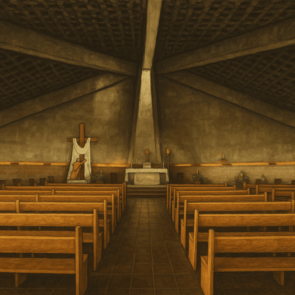 Ilustração do interior de uma capela com bancos de madeira e luz incidindo sobre o altar.