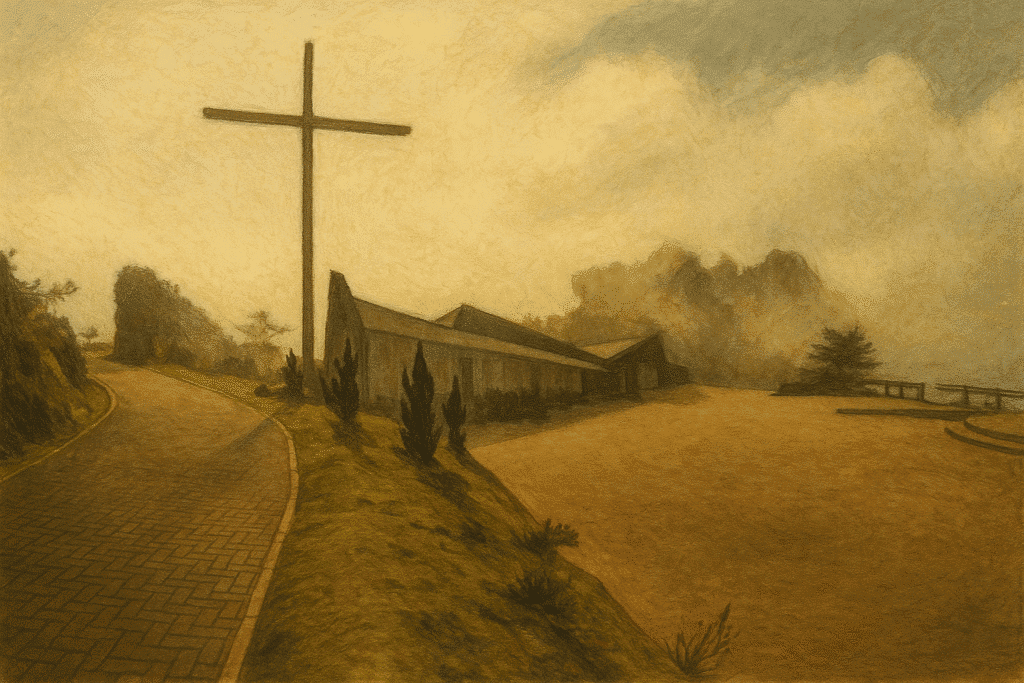 Desenho de estrada curva com cruz alta ao lado de uma capela, cercada por névoa.