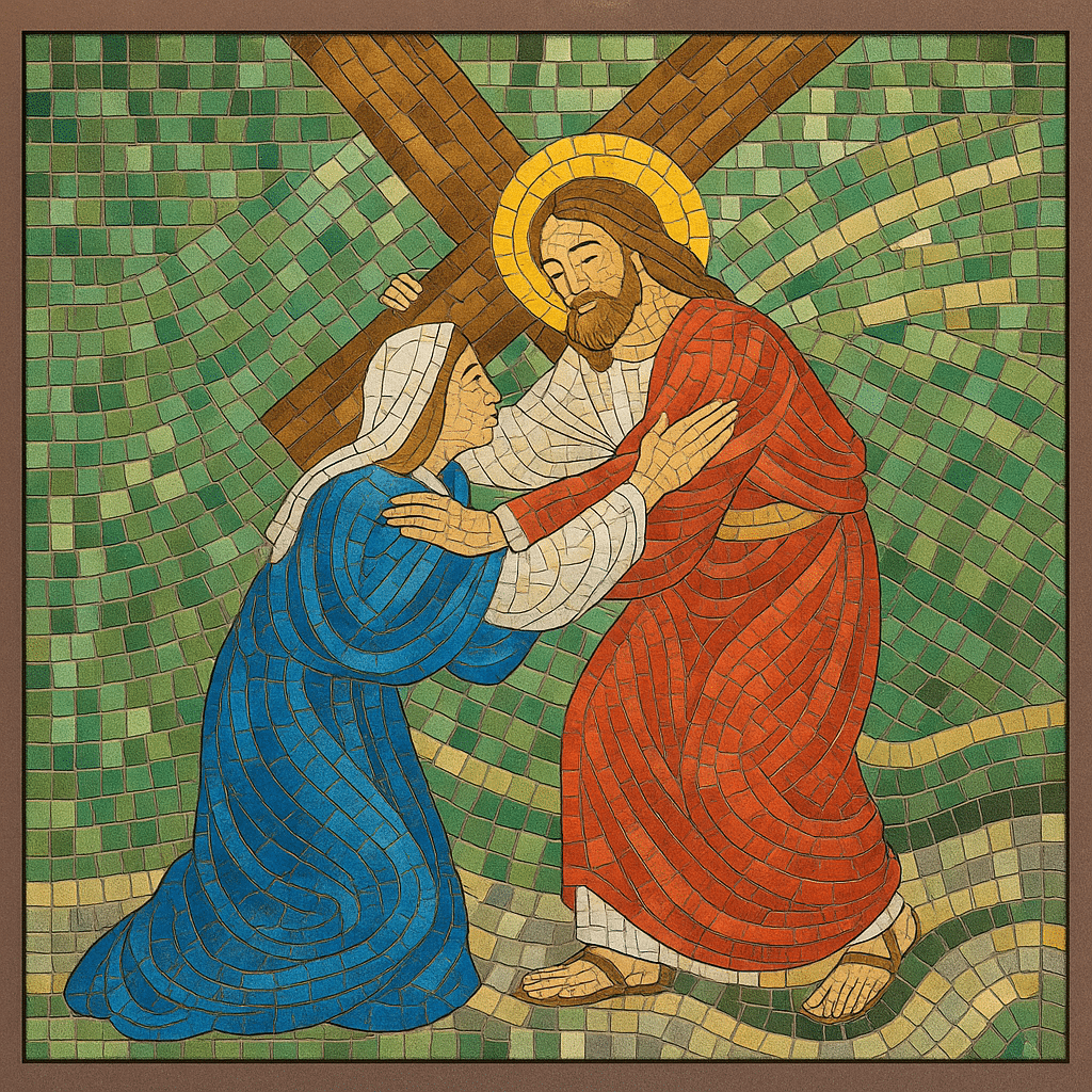 Mosaico representando Jesus carregando a cruz e encontrando Maria no caminho.