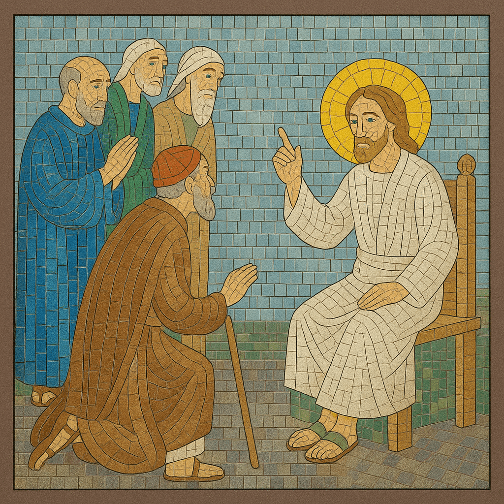 Mosaico de Jesus sentado ensinando a um grupo de homens idosos ajoelhados diante dele.