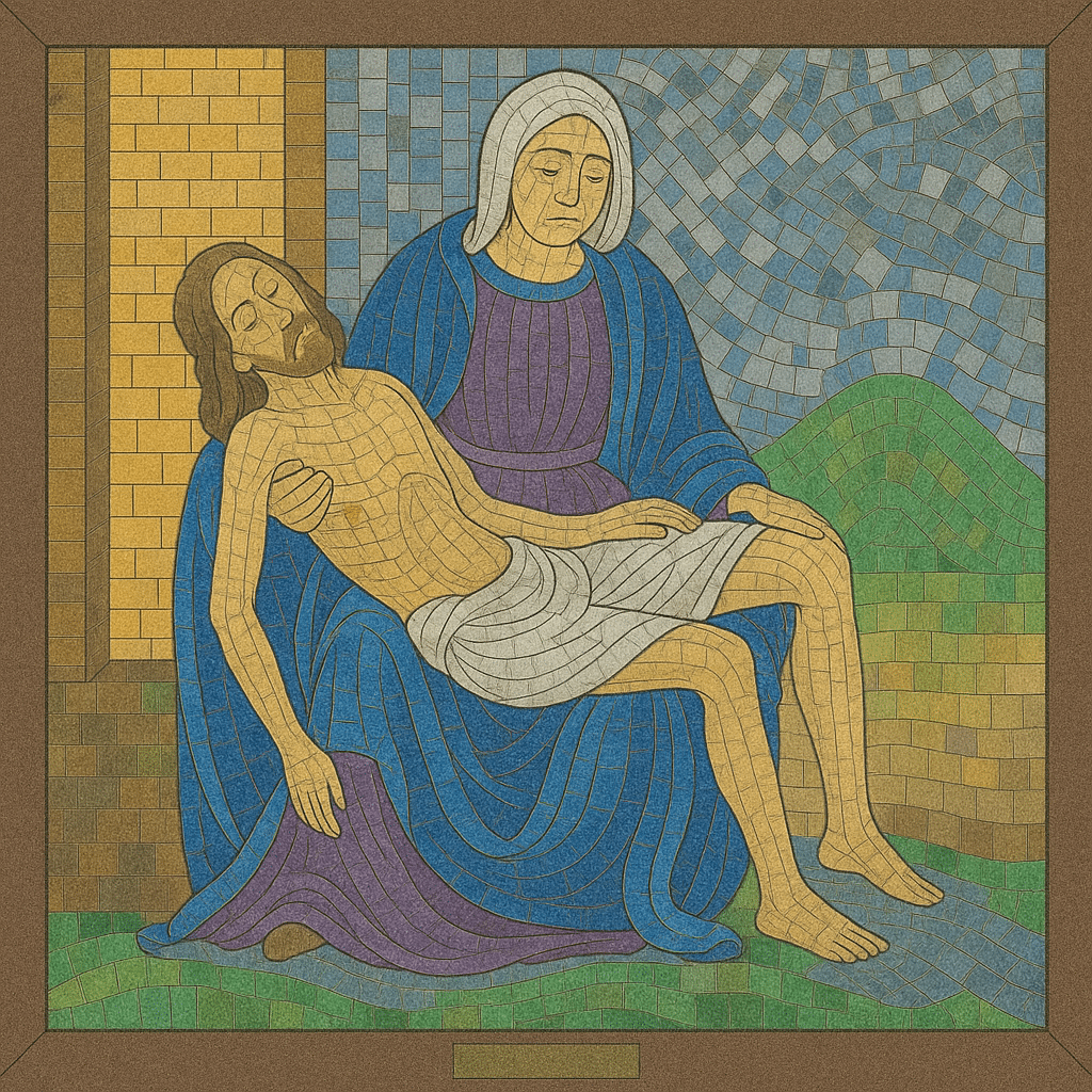 Mosaico representando Maria sentada segurando o corpo de Jesus após a crucificação.