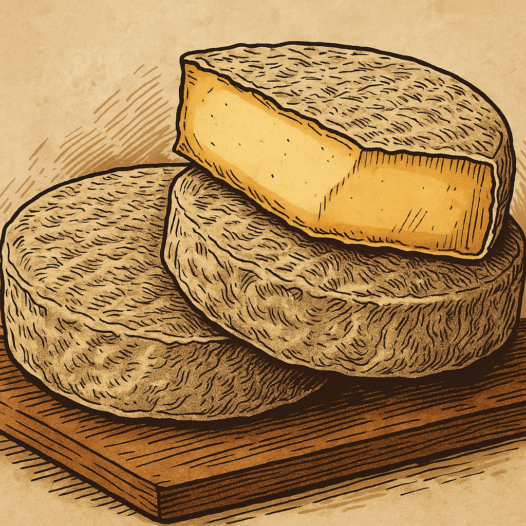 Ilustração de queijo artesanal mineiro, com duas peças redondas sobre tábua de madeira, uma delas cortada, revelando o interior cremoso.