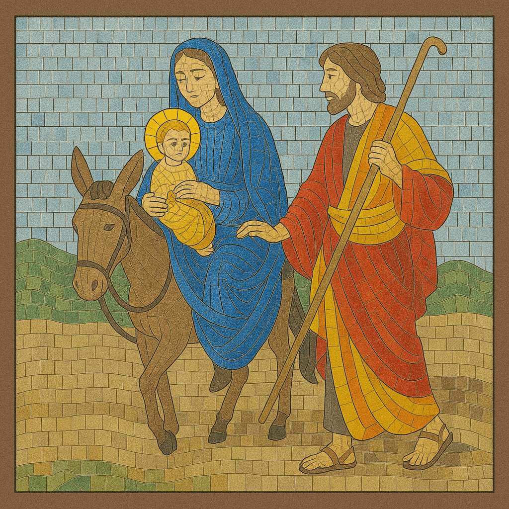 Mosaico representando Maria com Jesus nos braços montada em um jumento, acompanhada por José a pé.