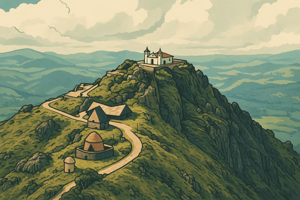 Vista aérea da Serra da Piedade em Caeté, Minas Gerais, com o caminho sinuoso levando ao Santuário de Nossa Senhora da Piedade no topo.