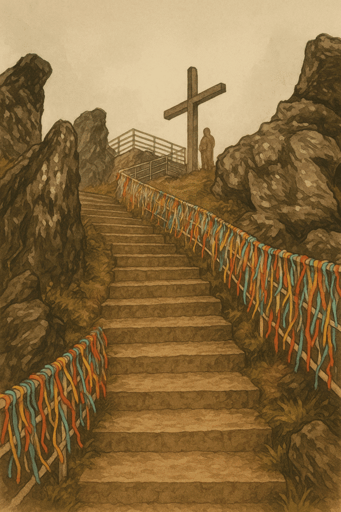 Escadaria da Via Sacra na Serra da Piedade com fitas coloridas presas ao corrimão, cruz de madeira ao fundo entre as pedras.