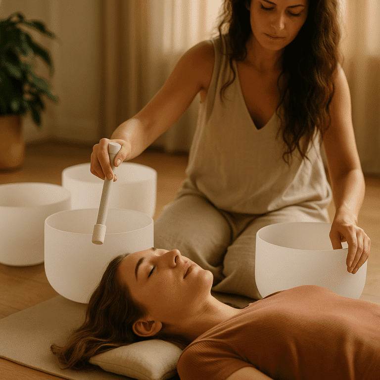 Sessão de sound healing com taças de cristal, conduzida por uma facilitadora enquanto uma mulher relaxa deitada em um ambiente tranquilo.